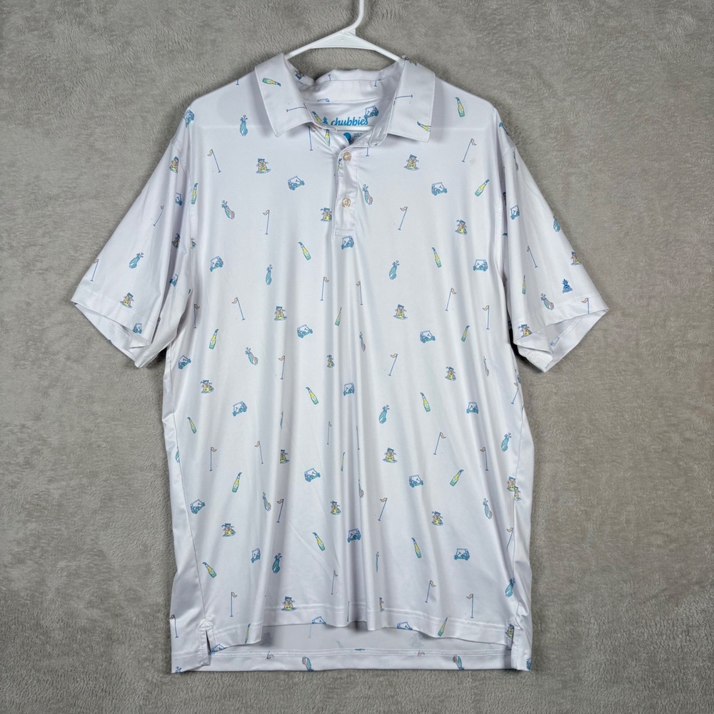 Chubbies Golf Polo Mens XL White Golf Cart Beer Gopher Print Performance Shirt